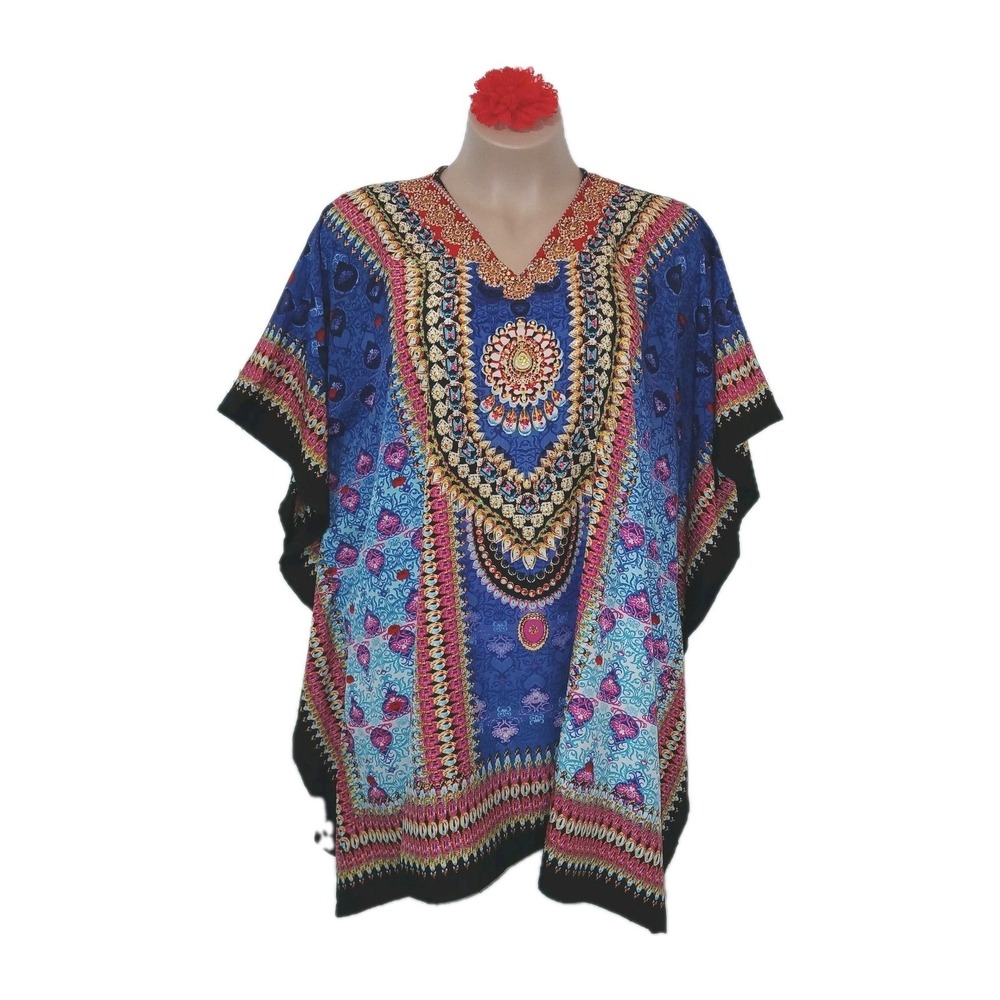 Caftan Tunic Cover Up Dashiki OSFM Women Blue Multi Beach Coastal Cruise Resort